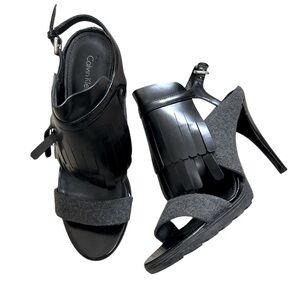 Calvin Klein Black & Gray fringe wool open toe heels